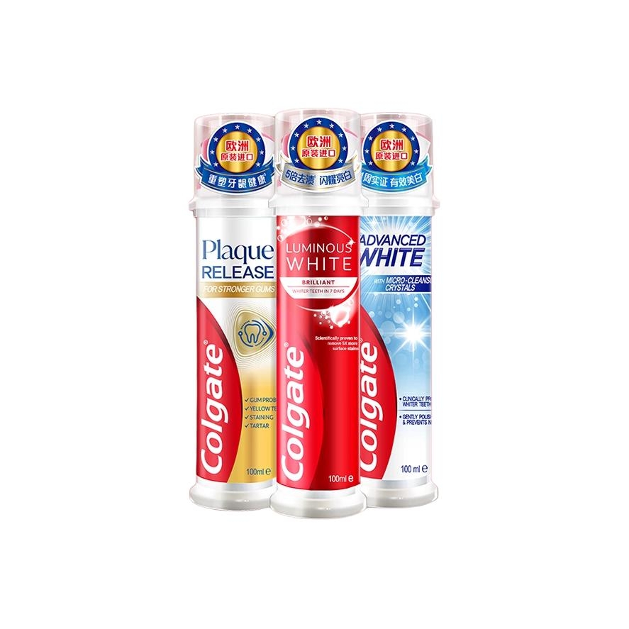 

Зубная паста с кнопочным механизмом для вертикального использования, очищающая и освежающая дыхание, 100 мл*4 Colgate, three-piece set: plaque-fighting toothpaste 100ml+белыйning toothpaste 100ml+brightening toothpaste 100ml