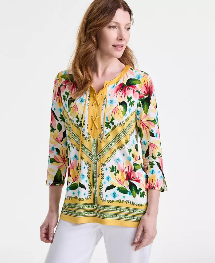 

Женская блузка с принтом и шнуровкой, с рукавом 3/4 JM Collection, оранжевый