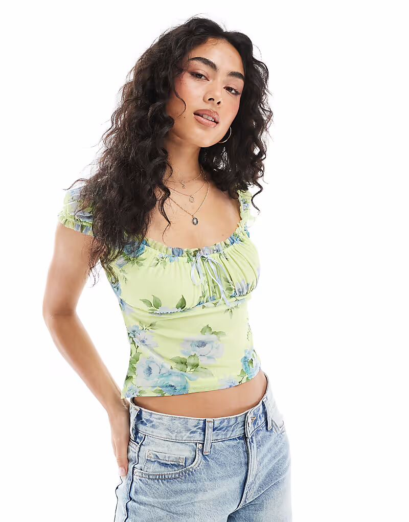

Корсетный топ из сетки Miss Selfridge с кружевом и цветочным узором в желтом цвете
