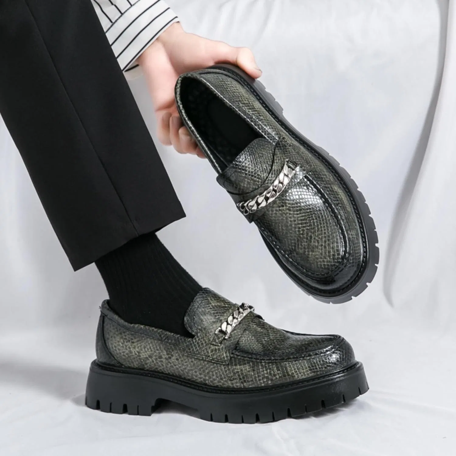 Лоферы мужские из текстурированной кожи на платформе, Penny Loafer, зеленый — фото 4