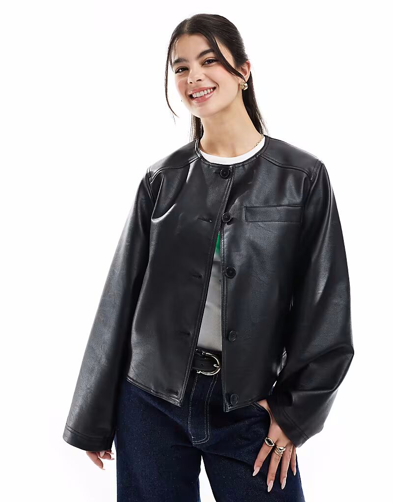 

Куртка ASOS DESIGN из искусственной кожи без воротника черного цвета