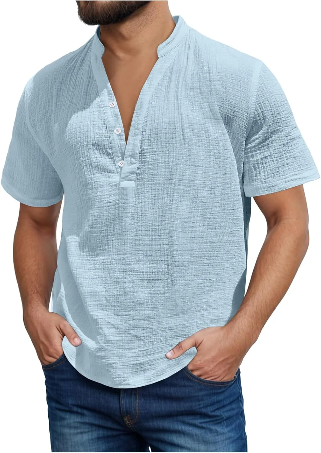 Мужская льняная рубашка Casual Button Down V Neck T Shirt Regular Fit