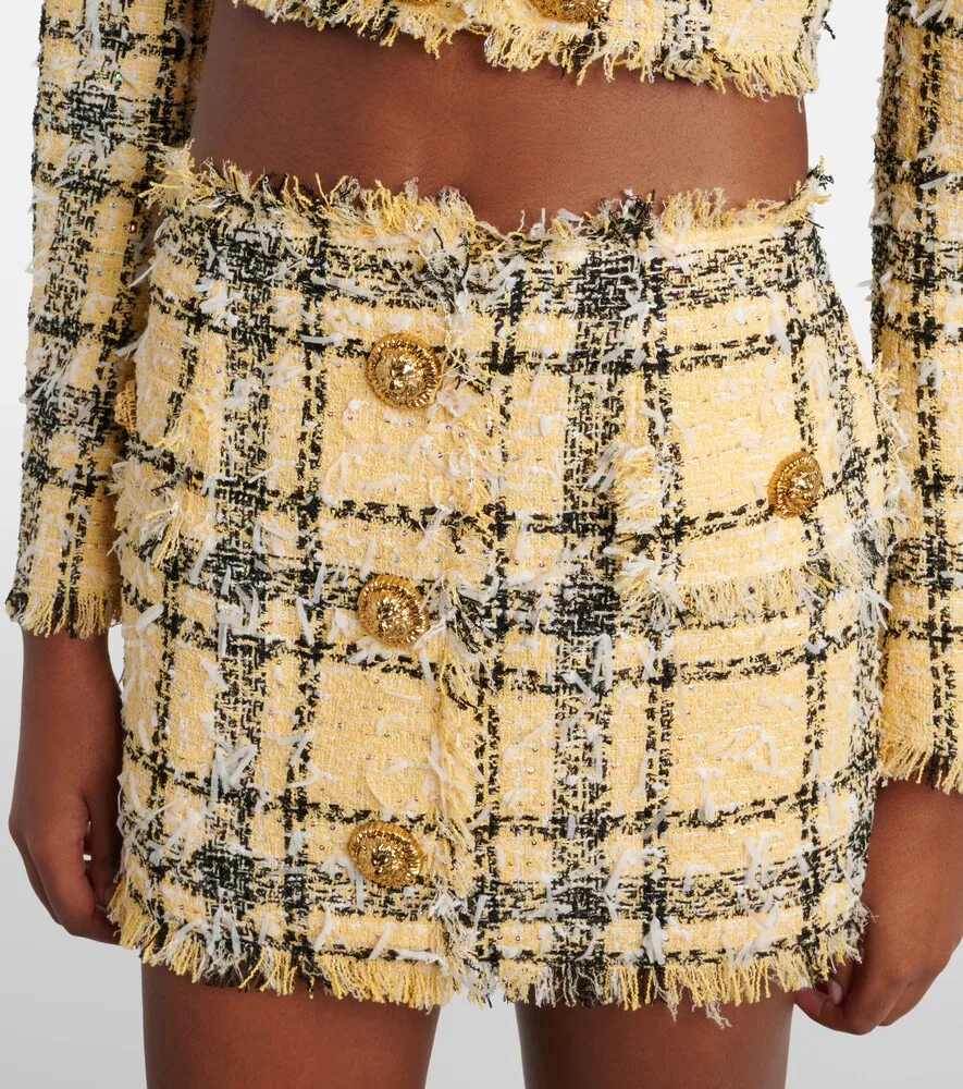 Мини-юбка из хлопкового твида, расшитая пайетками Balmain, желтый — фото 4