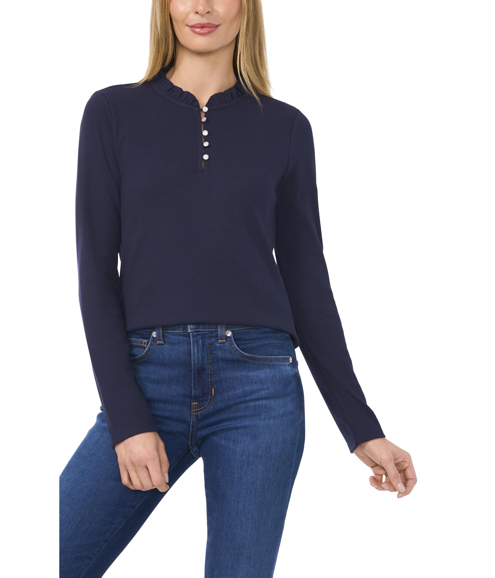

Топ CeCe Long Sleeve Rib Knit Half Placket Top, Classic Navy