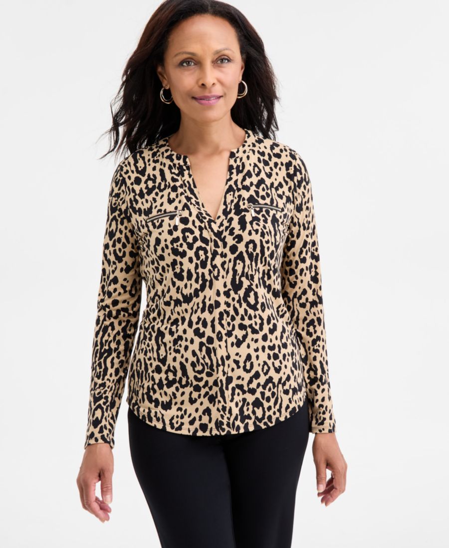 

Женская блузка с принтом, застежкой-молнией и карманами JM Collection, Antelope Combo