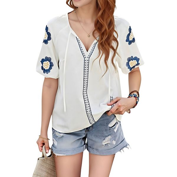 

Женская блузка с цветочной вышивкой, пышными рукавами и v-образным вырезом Anna-Kaci, White