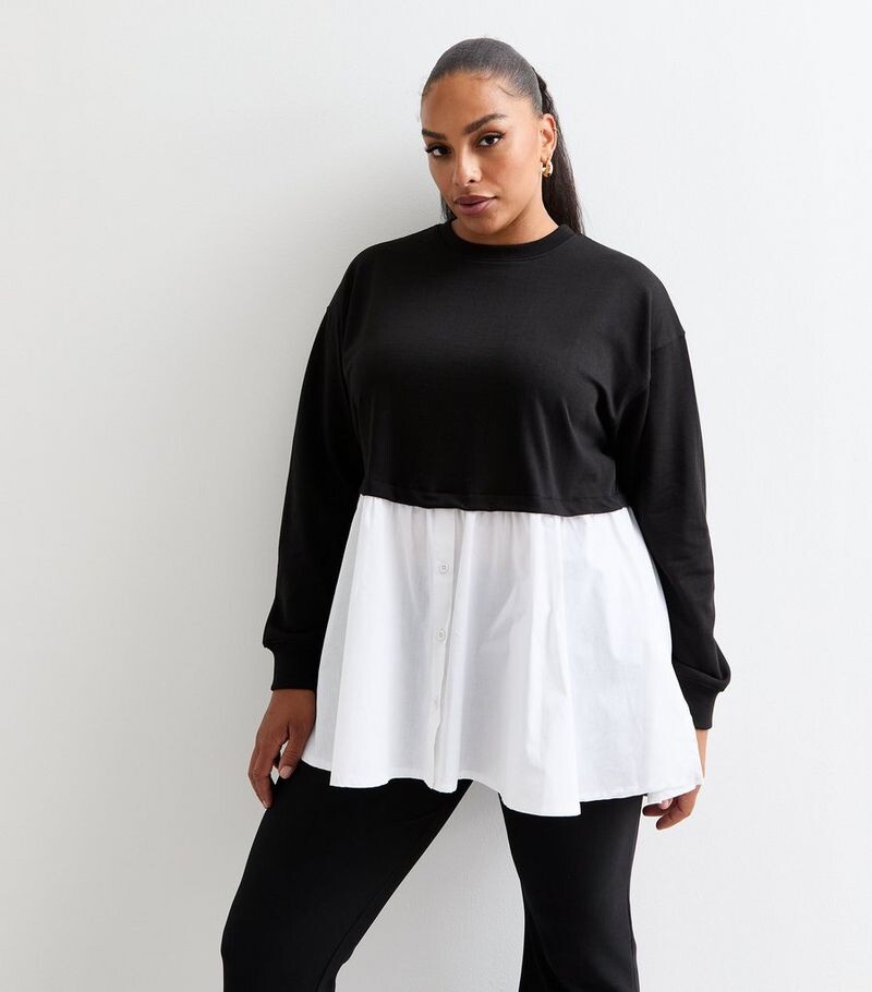 

Черный гибридный топ из хлопковой смеси Curves New Look, черный