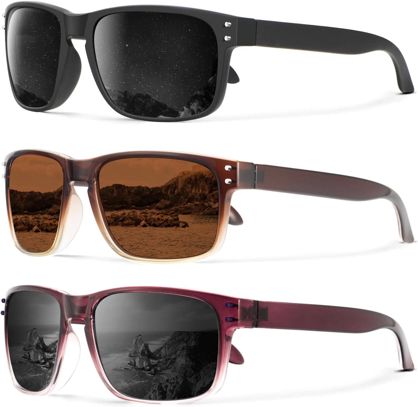 

Поляризованные солнцезащитные очки KALIYADI для мужчин и женщин в винтажном стиле, подходят для рыбалки, бега, вождения и защиты от УФ-излучения, (3 Pack) Black/Gradient Brown/Gradient Purple Red