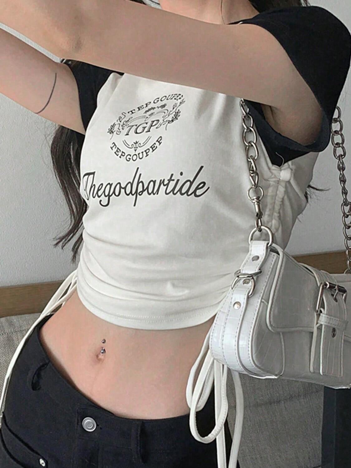 

Женская винтажная футболка с короткими рукавами и завязками в американском стиле с надписью, черный и белый