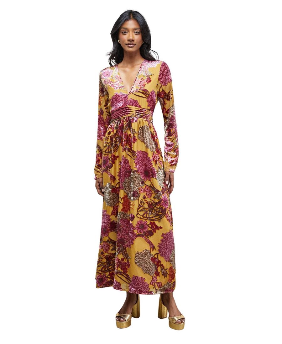 

Женское платье миди с глубоким вырезом и завышенной талией Warehouse, Ochre