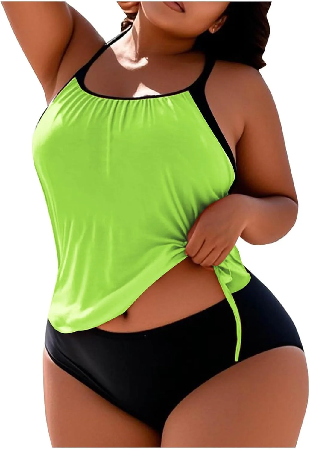 Plus Size Tankini с эффектом контроля живота для женщин с шортами, двухкомпонентный купальник, повседневный однотонный купальник Generic, зеленый