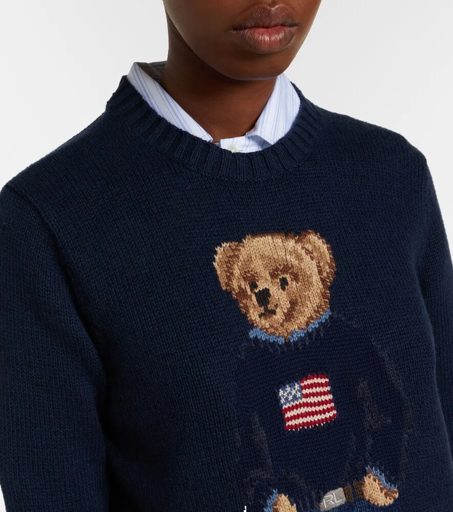 Хлопковый и льняной свитер Polo Bear с интарсией Polo Ralph Lauren, синий — фото 3
