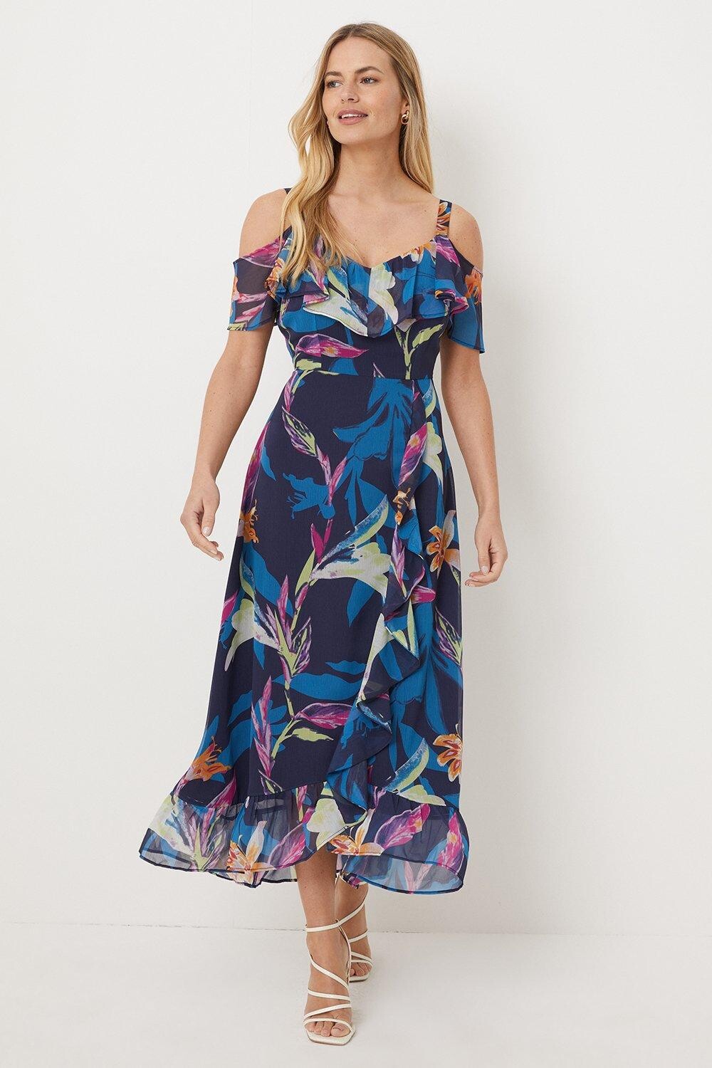

Платье миди с блестками и открытыми плечами Petite Palm Print Wallis, черный