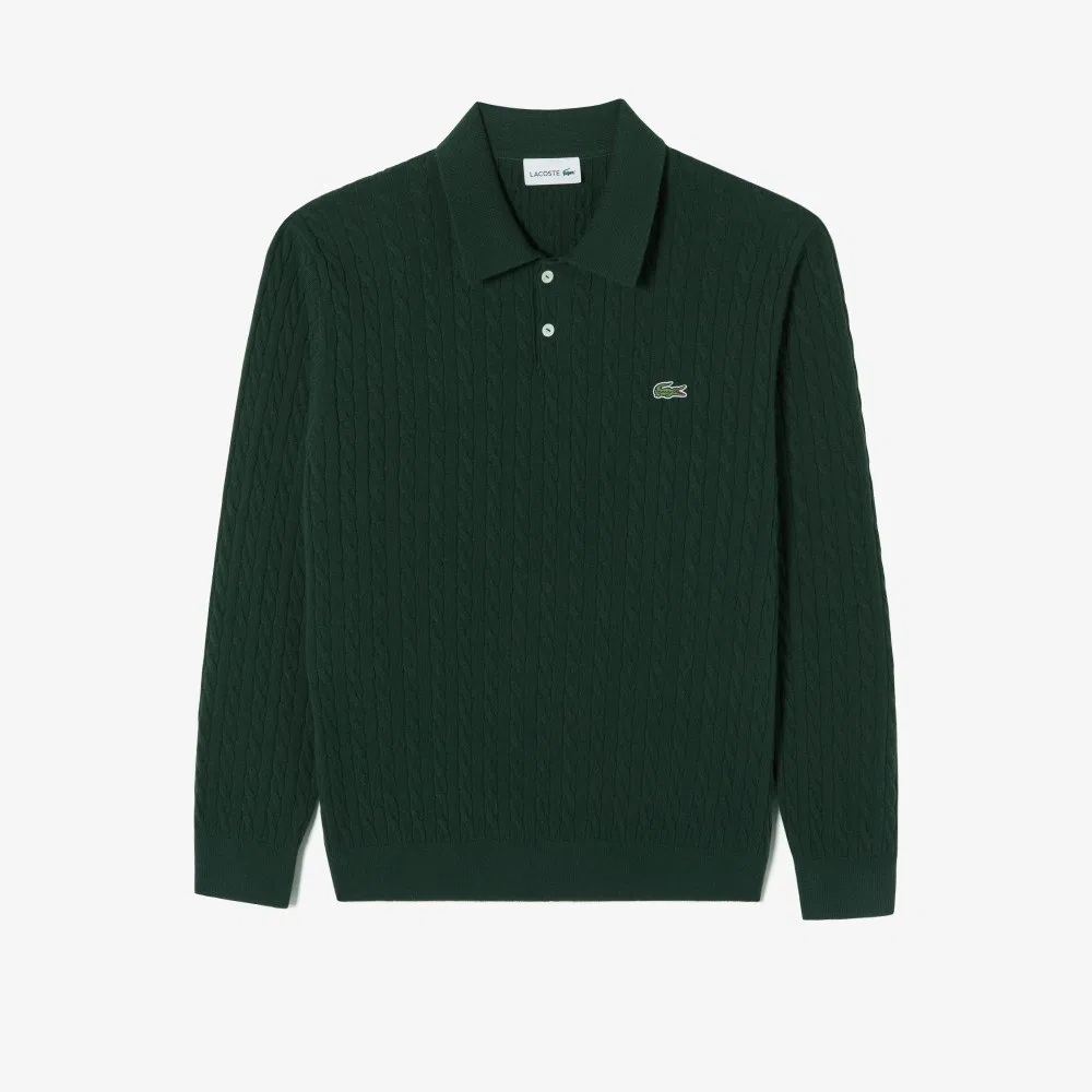 Мужской вязаный поло-свитер с косами, тёмно-зелёный, от Lacoste — фото 4