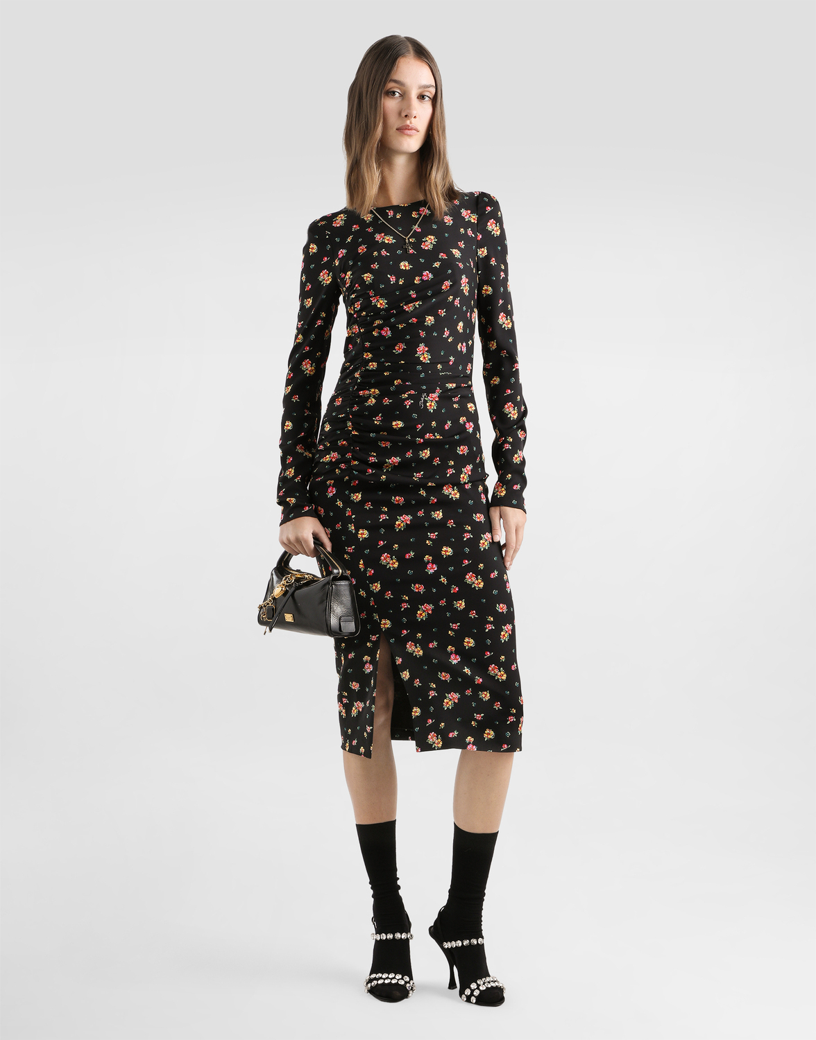 Маленькое платье из шармеза с цветочным принтом Dolce & Gabbana, мультиколор — фото 2