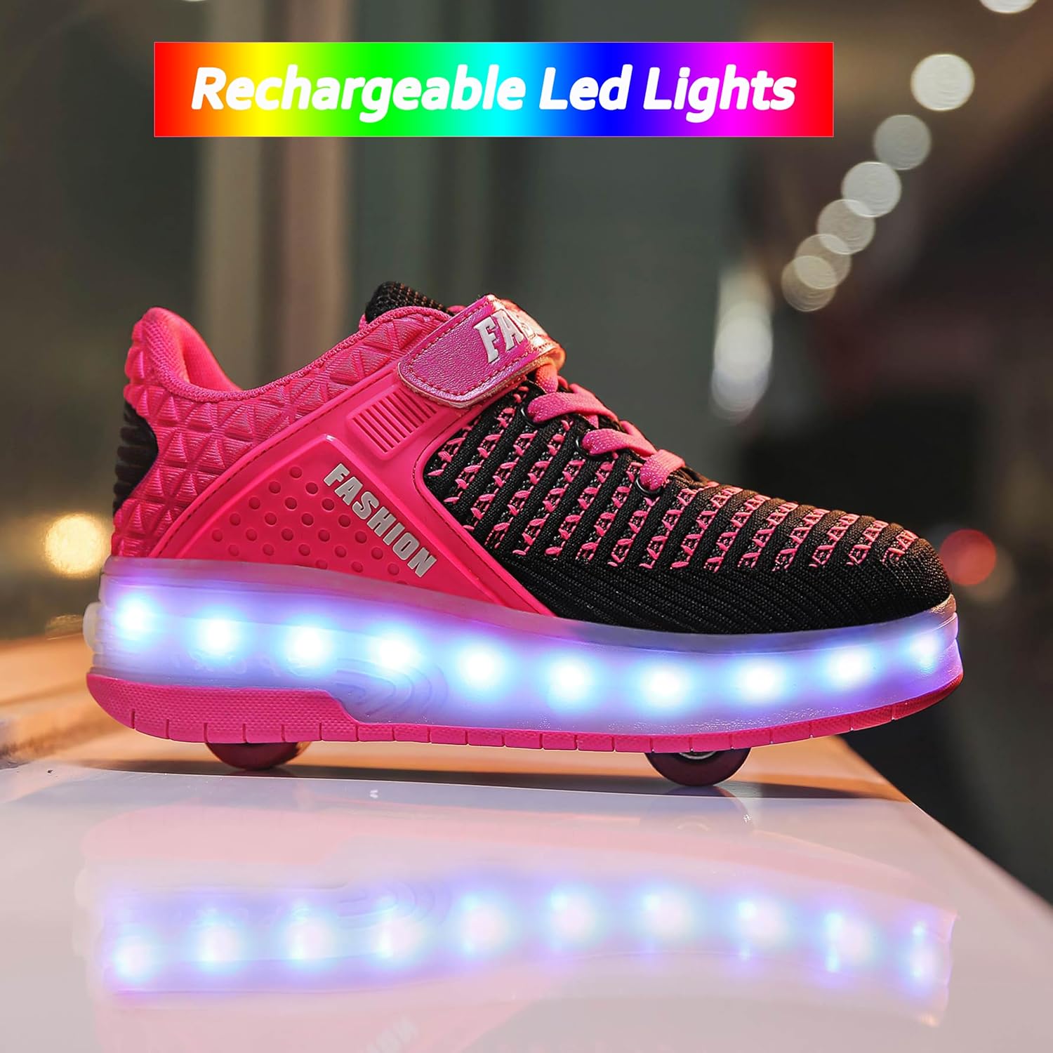 Детские роликовые кроссовки Aikuass с USB-подзарядкой и светящейся LED-подсветкой для мальчиков и девочек, 1- Rose- Double Wheels — фото 3