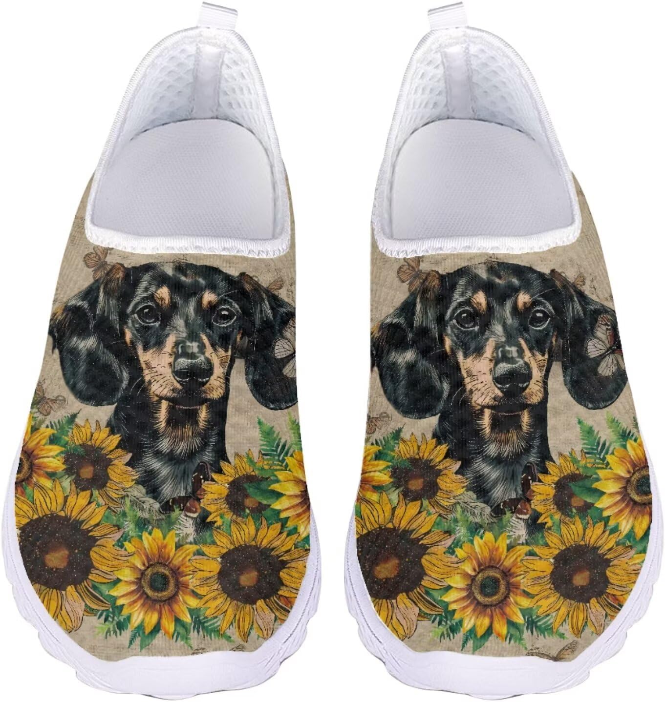 

Женские слипоны Jeiento для ходьбы с животным принтом, легкие кеды-тапочки, сетчатые теннисные кроссовки унисекс, пляжная водная обувь, Dachshund Dog Sunflowers