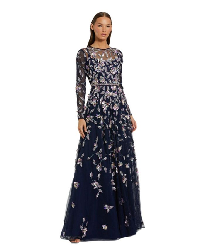 

Длинное платье с рукавами из сетки с цветочными деталями Mac Duggal, синий
