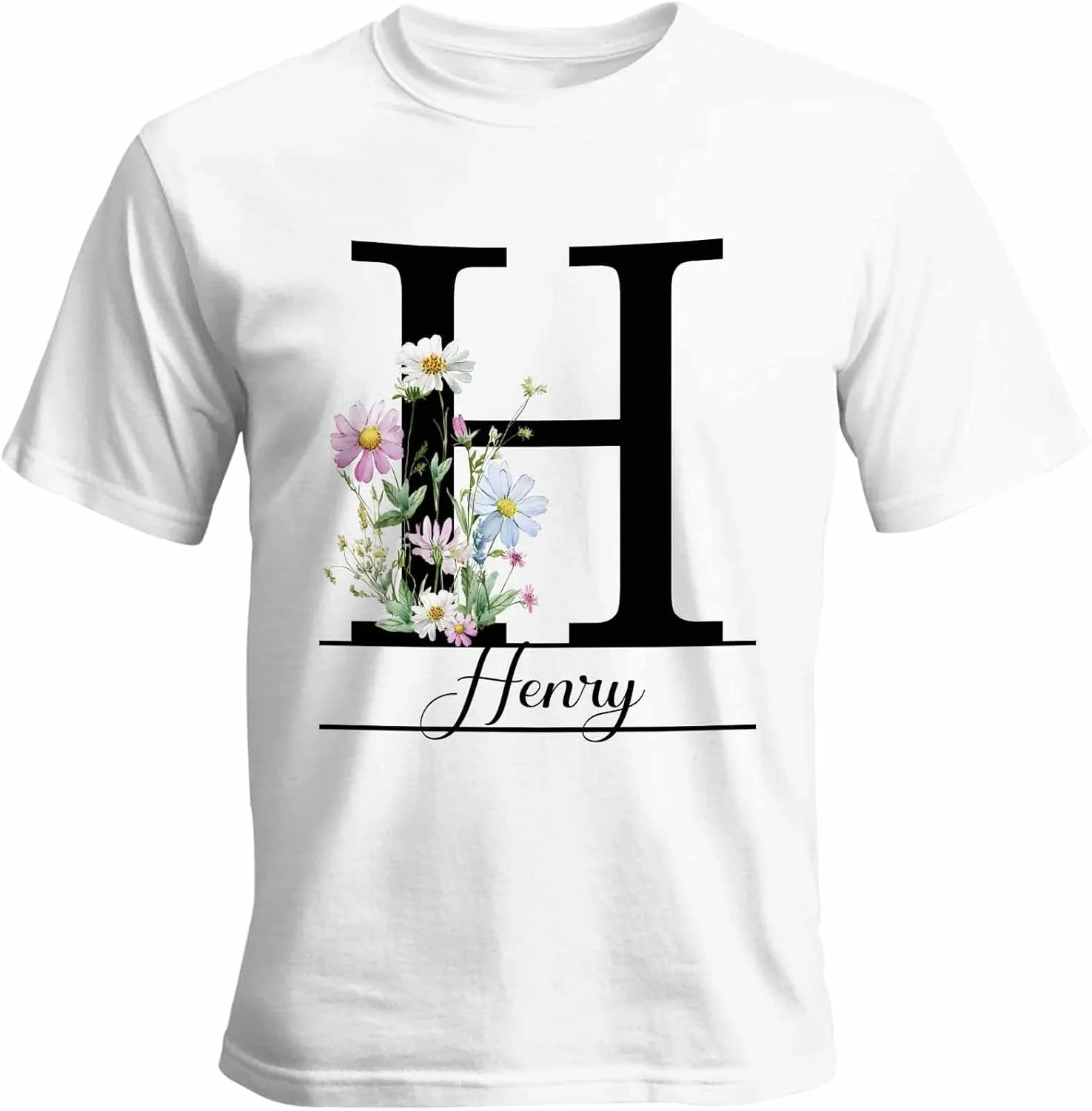 

Футболка с именем или текстом, цветы H, хлопок, круглый вырез, унисекс Vaxbryntel