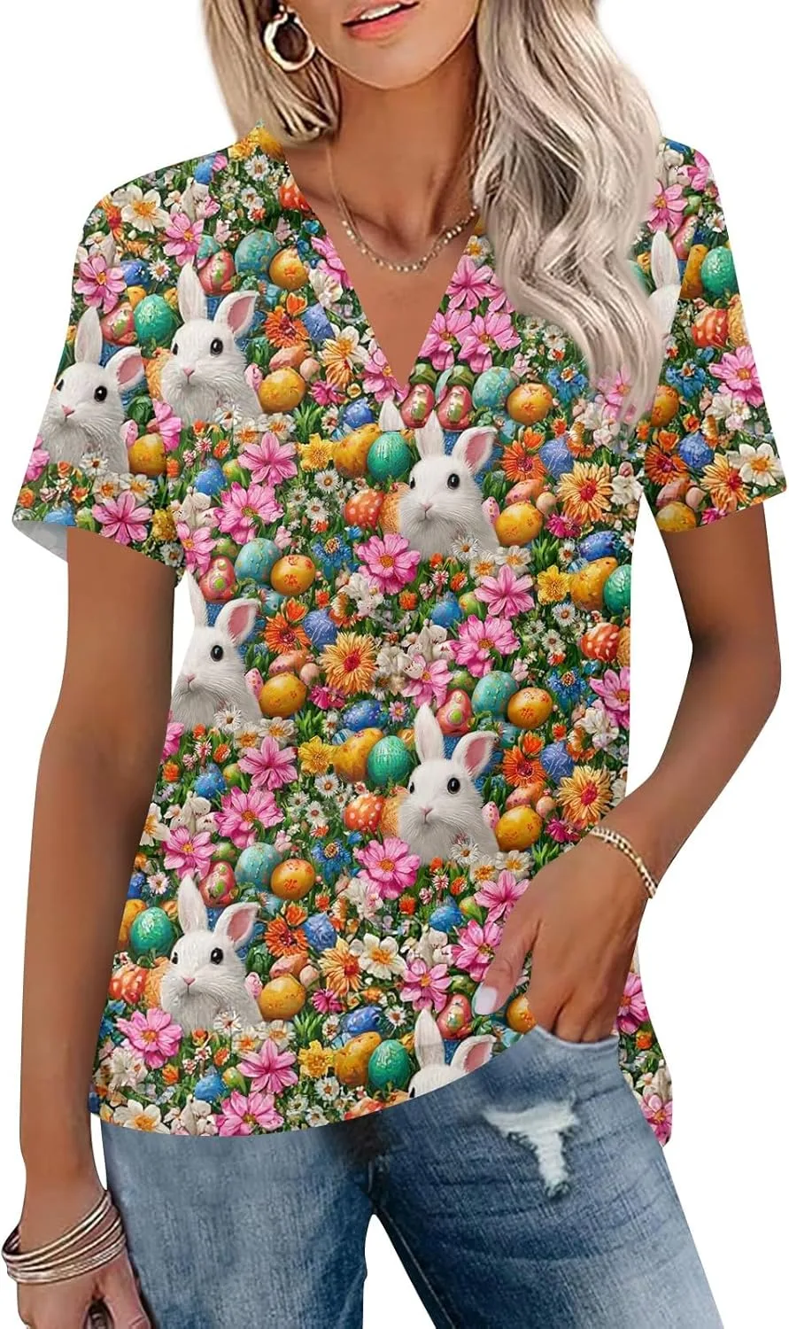 

Женская блузка с V-образным вырезом и коротким рукавом, милый принт с кроликом и яйцами, легкая, для праздников AMXYFBK