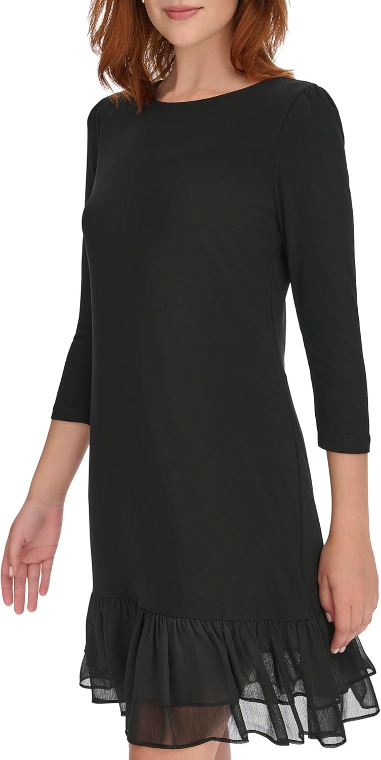 Женское платье Tommy Hilfiger из джерси и шифона с рукавами 3/4 и оборками по подолу, Black — фото 3