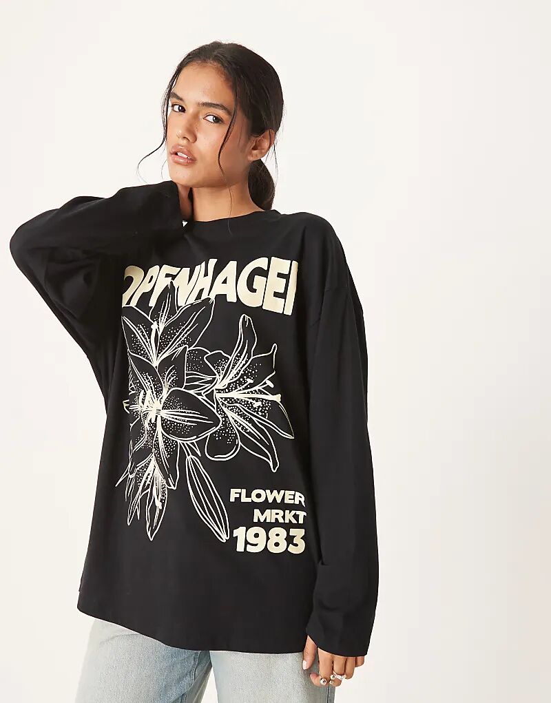 

Лонгслив свободного кроя с длинными рукавами и принтом Копенгагена ASOS DESIGN, черная