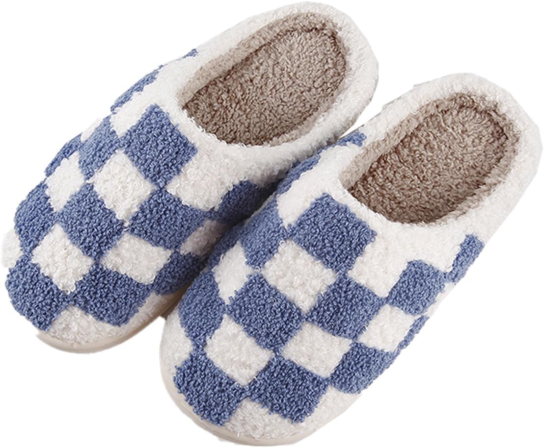 

Домашние тапочки для женщин и мужчин, ретро, мягкие, плюшевые, легкие, тапочки Jaguar, удобные для дома и улицы, с подошвой, предотвращающей скольжение Oukisam, Checkboard Blue