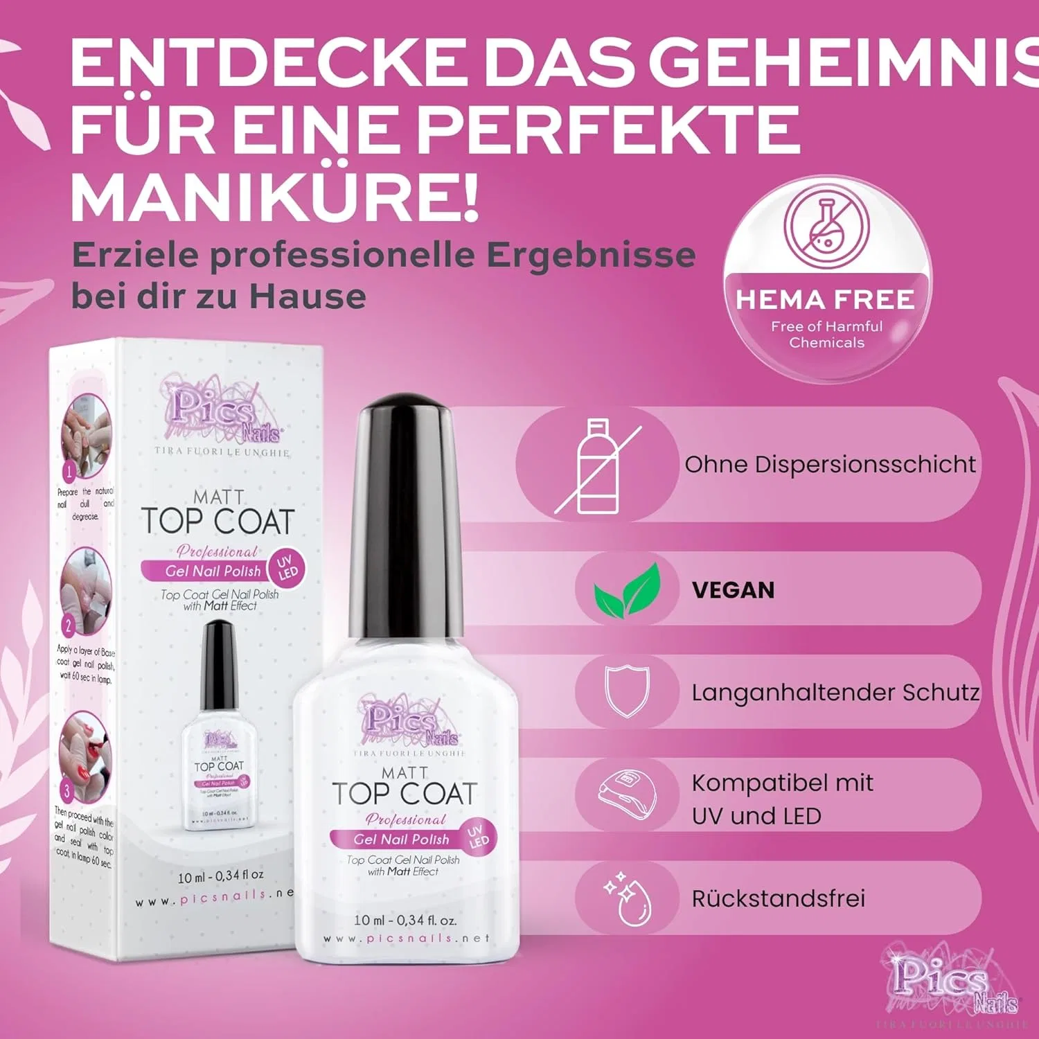 Матовый УФ/LED топ для ногтей Pics Nails 10 мл Pics Nails, Top Coat Uv Led Matte — фото 4