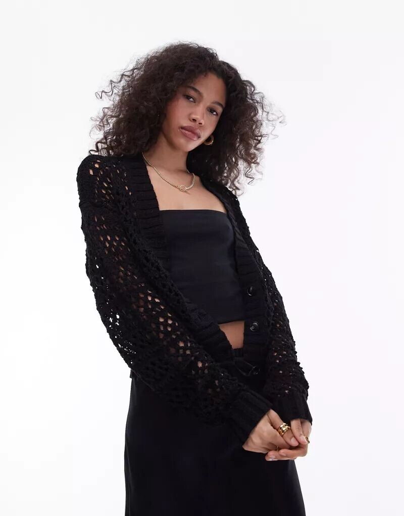 

Черный вязаный кардиган смешанной вязки Topshop