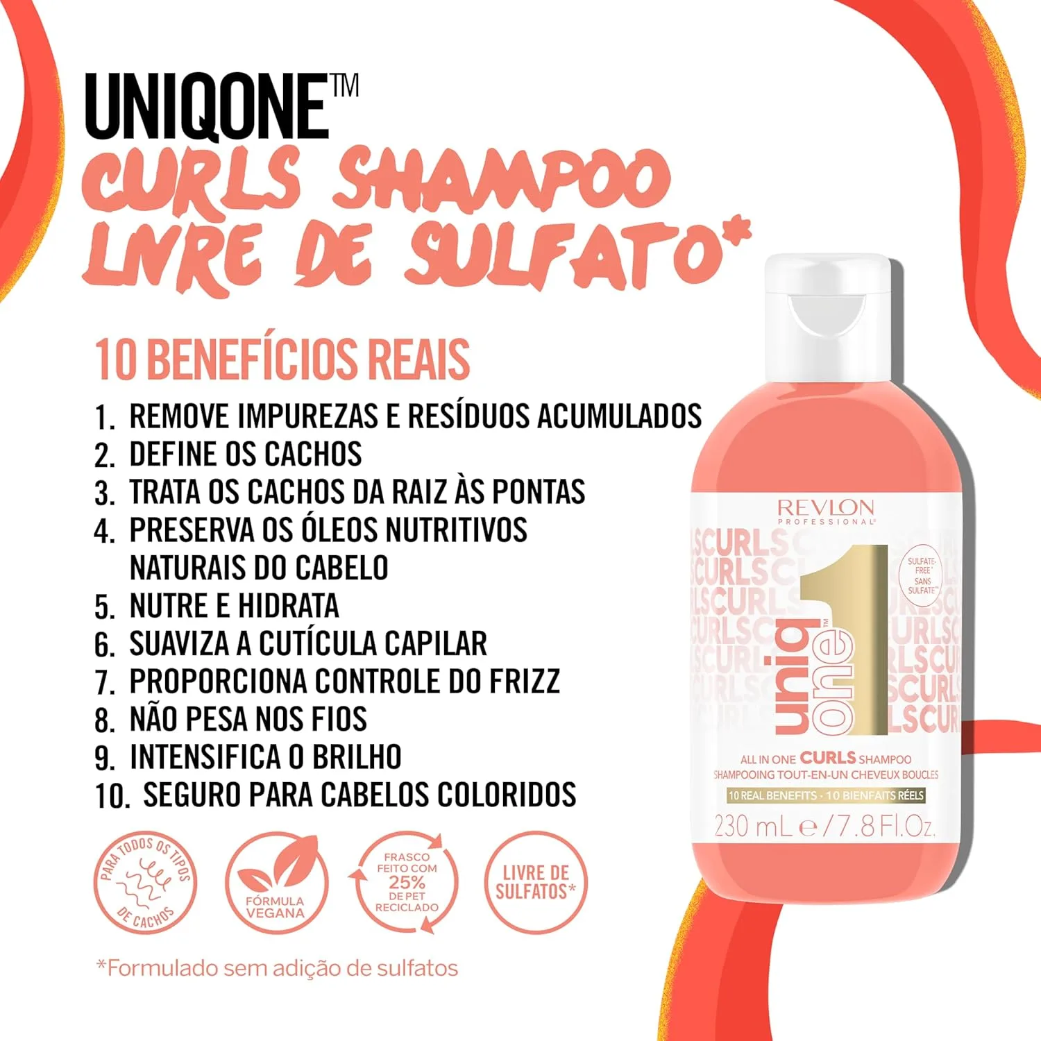 REVLON PROFESSIONAL UniqOne Curls шампунь, 10-в-1 формула без сульфатов для кудрявых волос, определяет завитки, контролирует пушистость, увлажняет, безопасен для окрашенных волос и веганский, 228 мл — фото 2