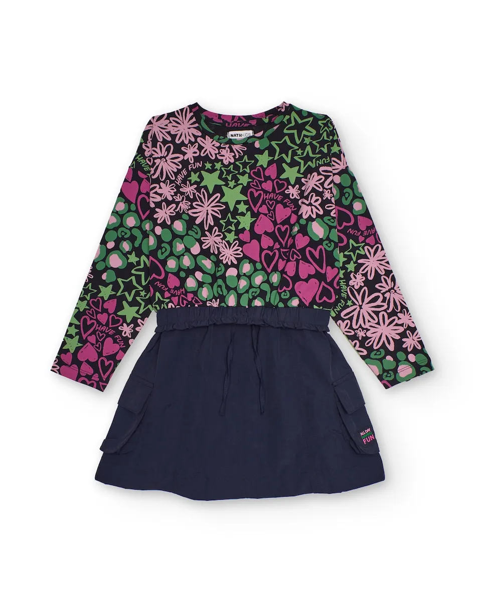 

Сочетанное платье для девочки с многоцветным принтом и синей юбкой Tuc tuc