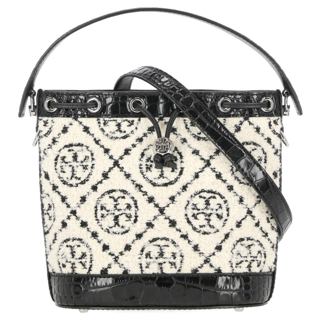 

TORY BURCH Сумка-ведро из кожи и ткани с монограммой T, женская, черная, через плечо