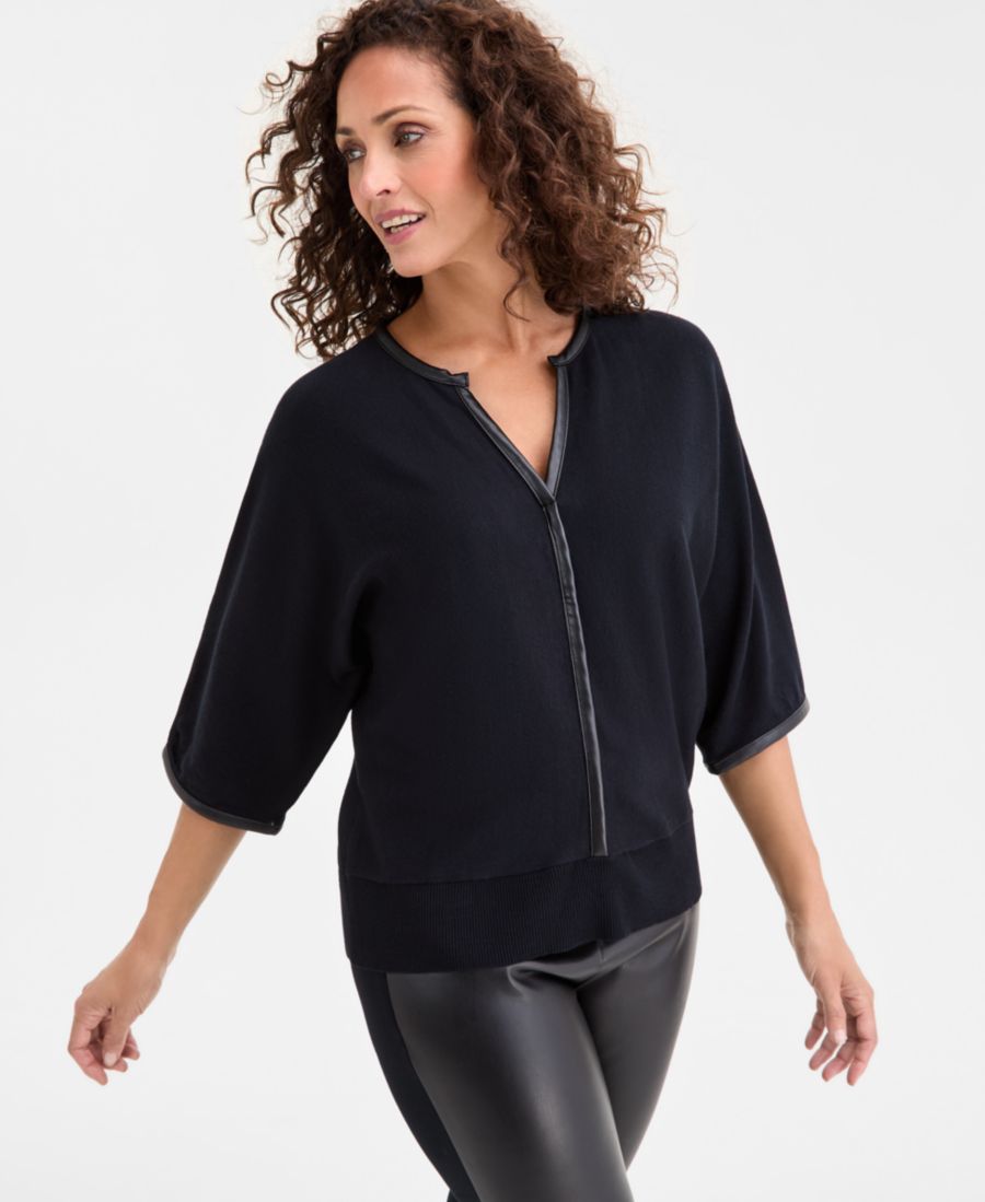 

Укороченный свитер с отделкой из искусственной кожи JM Collection, Deep Black Combo