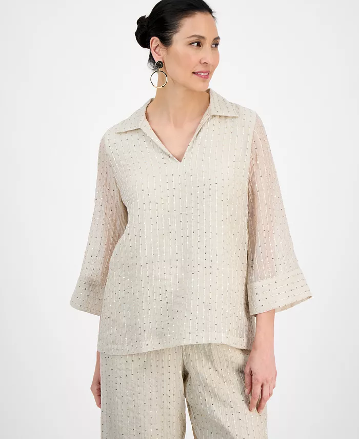 

Женский блузка с воротником и жатым эффектом из пайеток JM Collection, коричневый/бежевый
