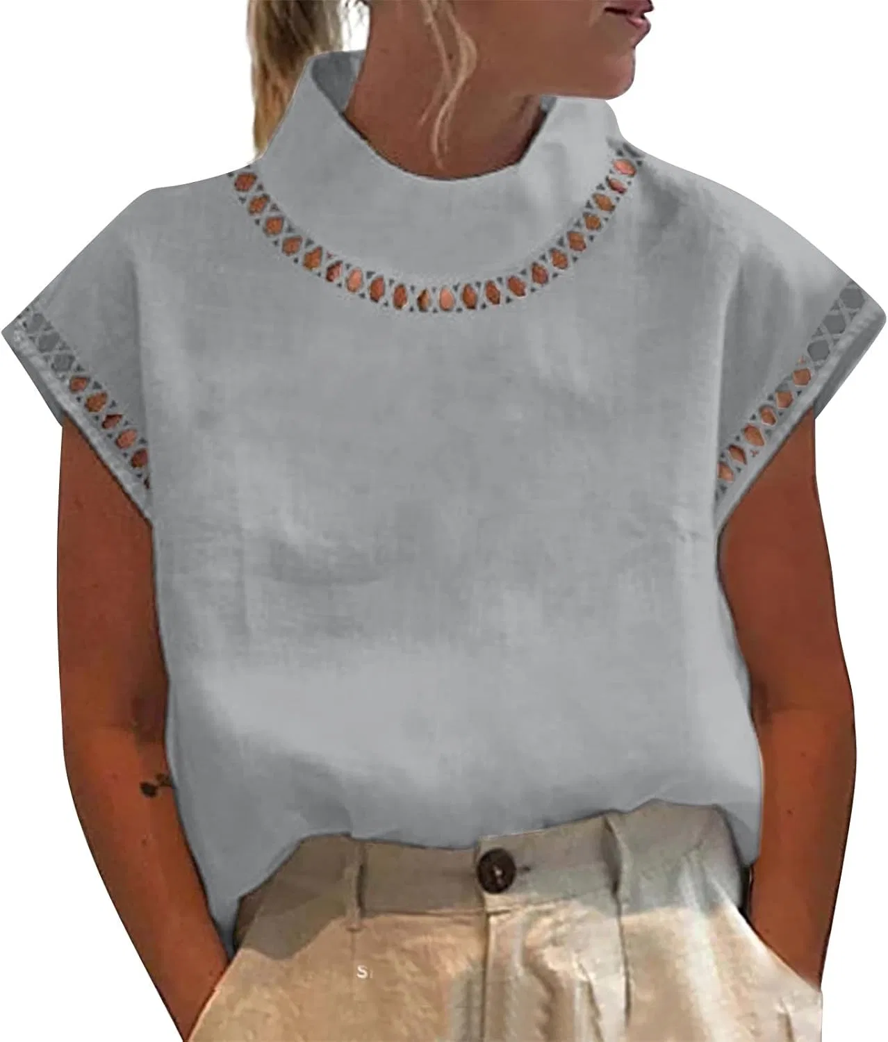 Топ женский с вырезами, кружевной, Cut and Sew, синий — фото 4