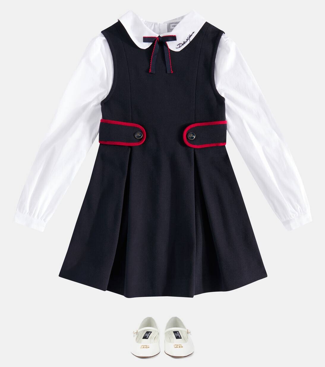 Платье из хлопчатобумажной ткани пике и поплина с логотипом Dolce&Gabbana Kids, цвет blu scurissimo 2 — фото 2