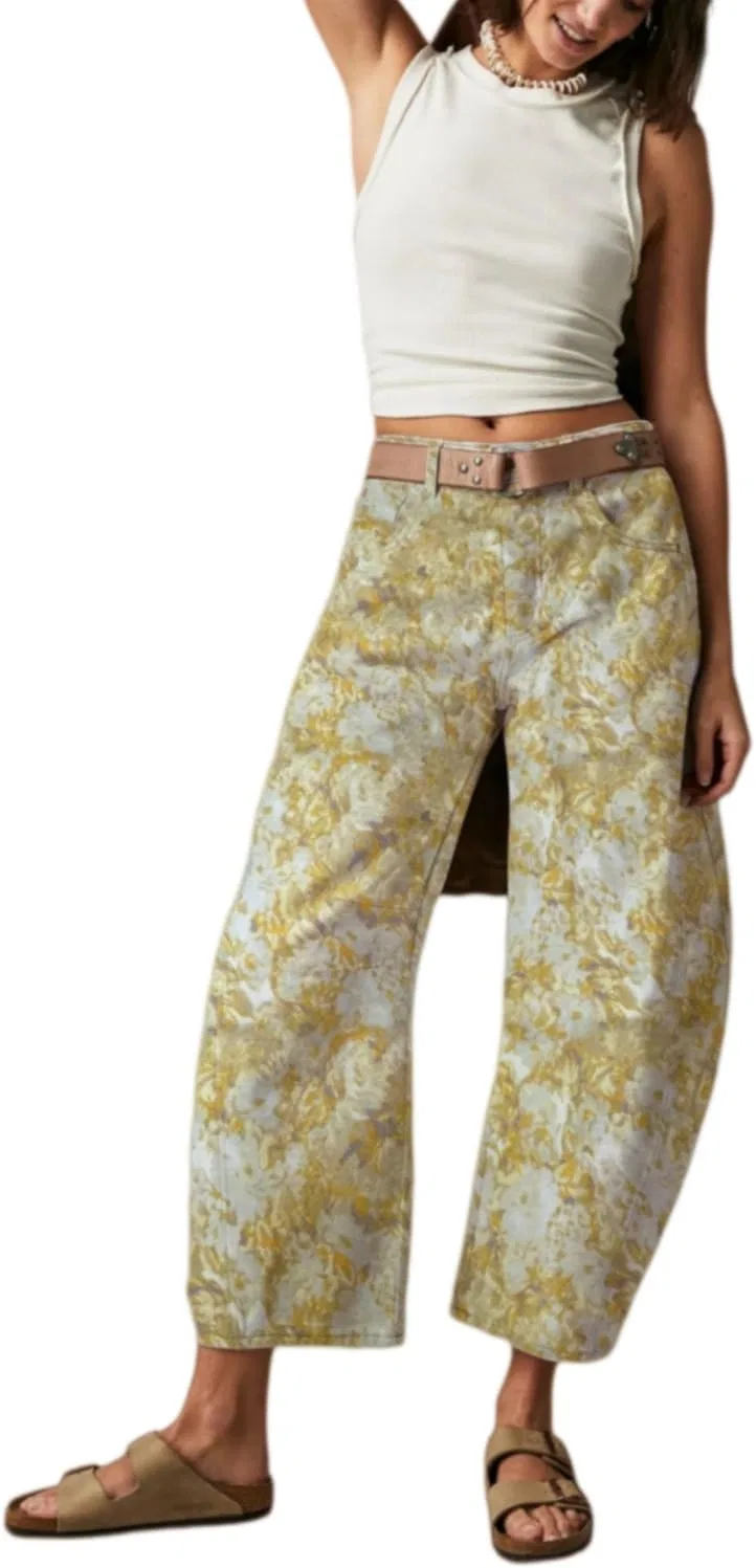 Джинсы с цветочным принтом, Women's Barrel Jeans, Yellow Floral