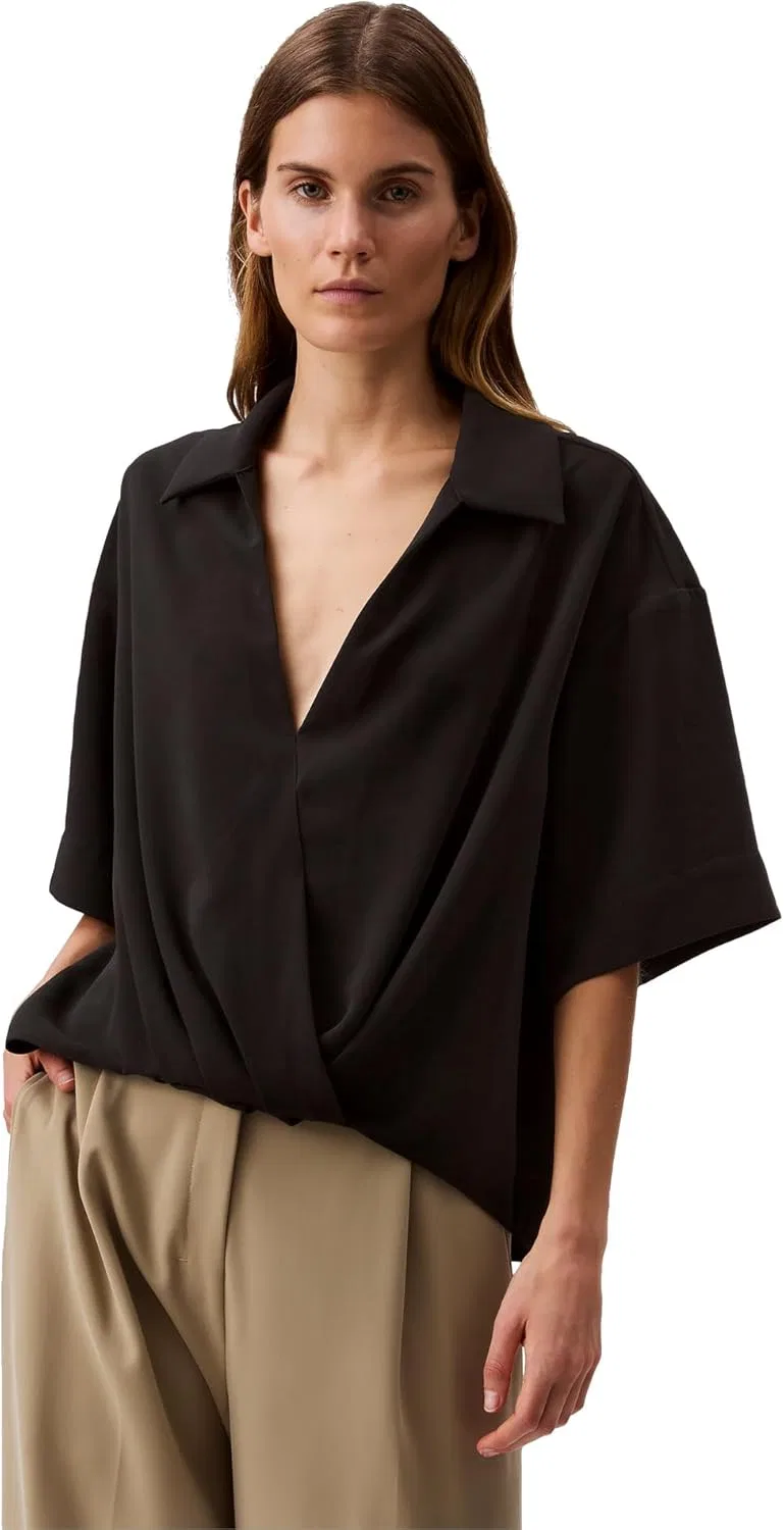 Блуза с запахом, принт, Calvin Klein, черный