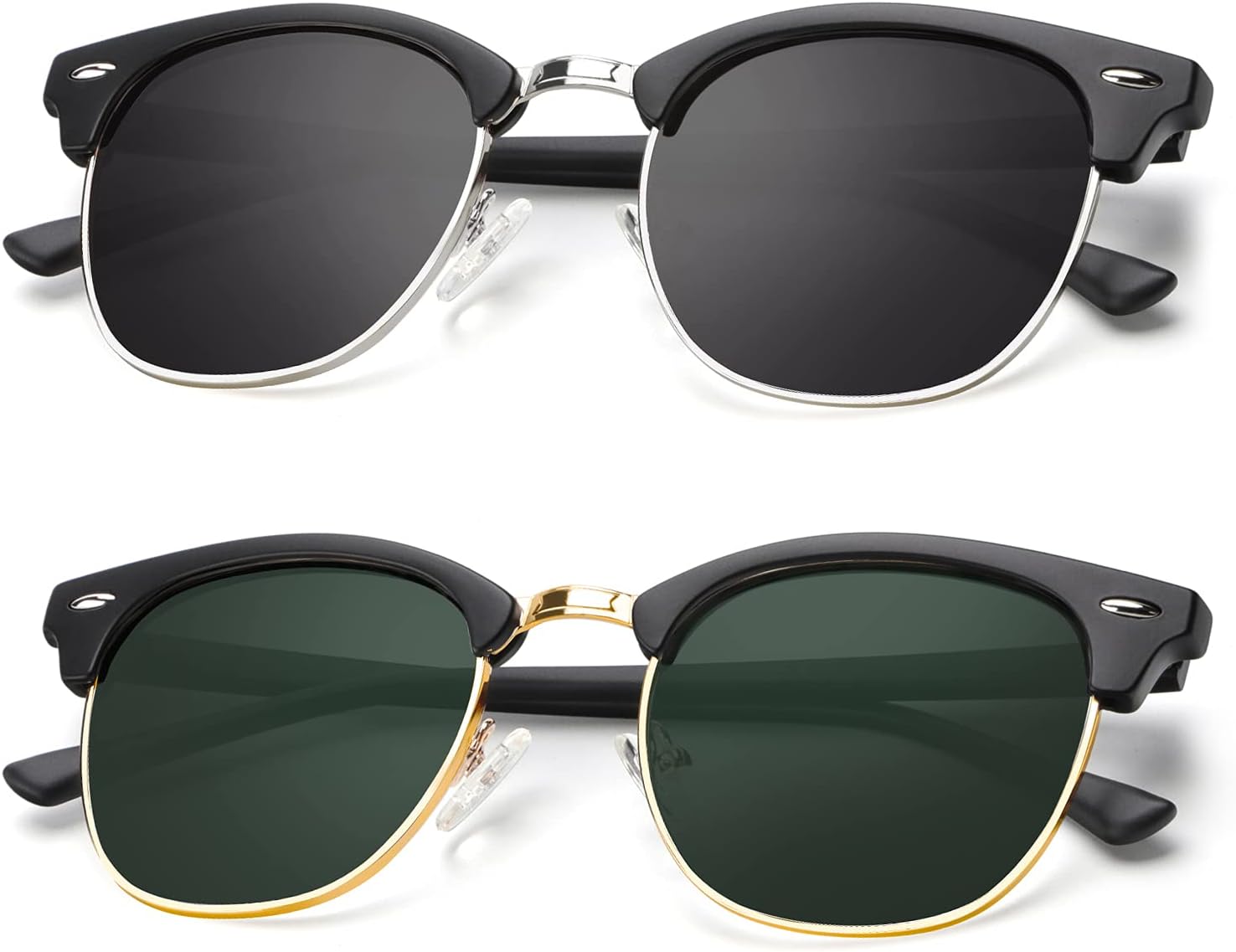 

Поляризованные солнцезащитные очки KALIYADI для мужчин и женщин, полуободковая оправа, солнцезащитные очки для вождения, блокирующие УФ-излучение, A10-(2 Pack) Matte Black | Black | Silver Rim / Matte Black | G15 | Golden Rim