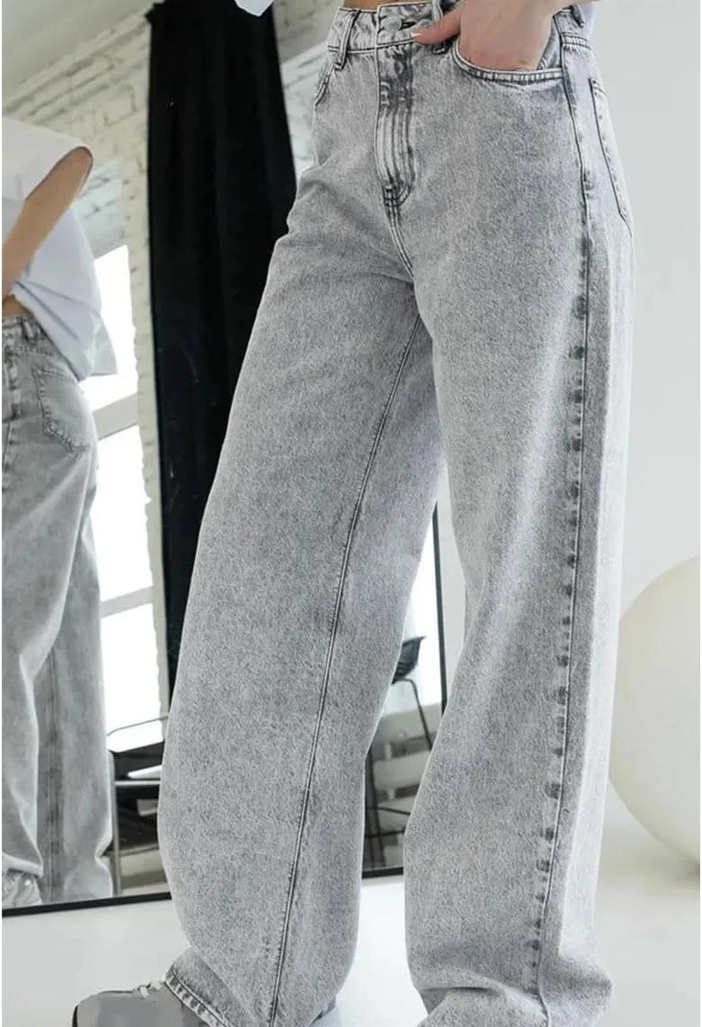 Женские джинсы Vintage Washed Wide Leg с потертостями, классическая высокая посадка на пуговицах — фото 2