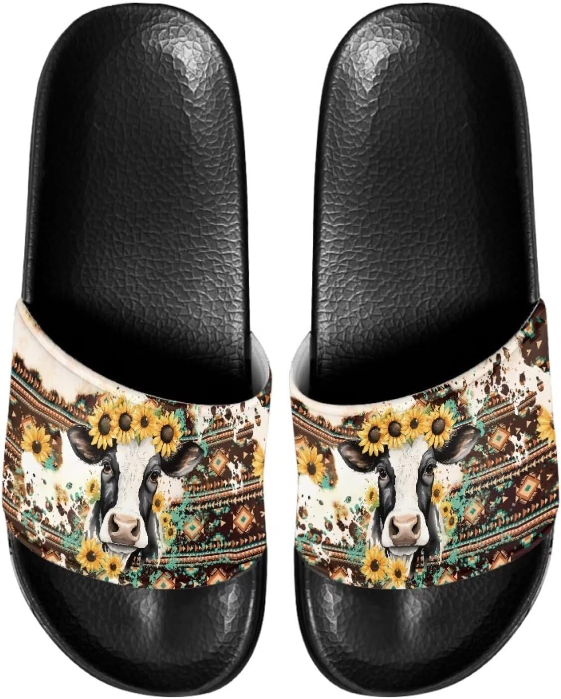 

Сланцы для женщин на плоской подошве с открытым носком, удобные пляжные сандалии, тапочки Judentidos, Aztec Sunflower Cow