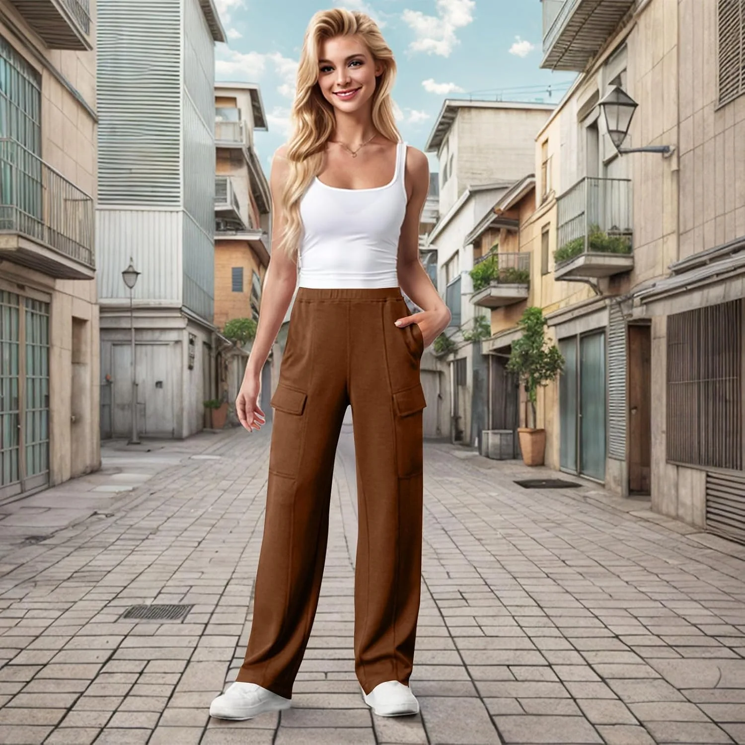 Женские карго брюки Slim Fit с эластичными манжетами Casual Streetwear в стиле джоггеров из легкой ткани Generic, кофейный — фото 3