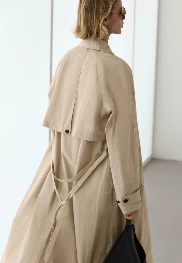 Плащ длинный свободный Massimo Dutti, бежевый — фото 3