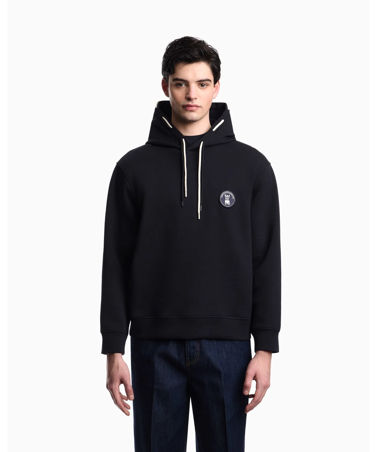 [Emporio Armani] Свободная толстовка с капюшоном, двойной трикотаж, нашивка с французским бульдогом.