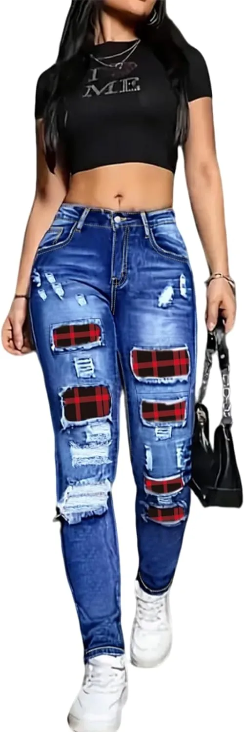 

Скинни джинсы для женщин с высокой посадкой и потертостями QERINTE