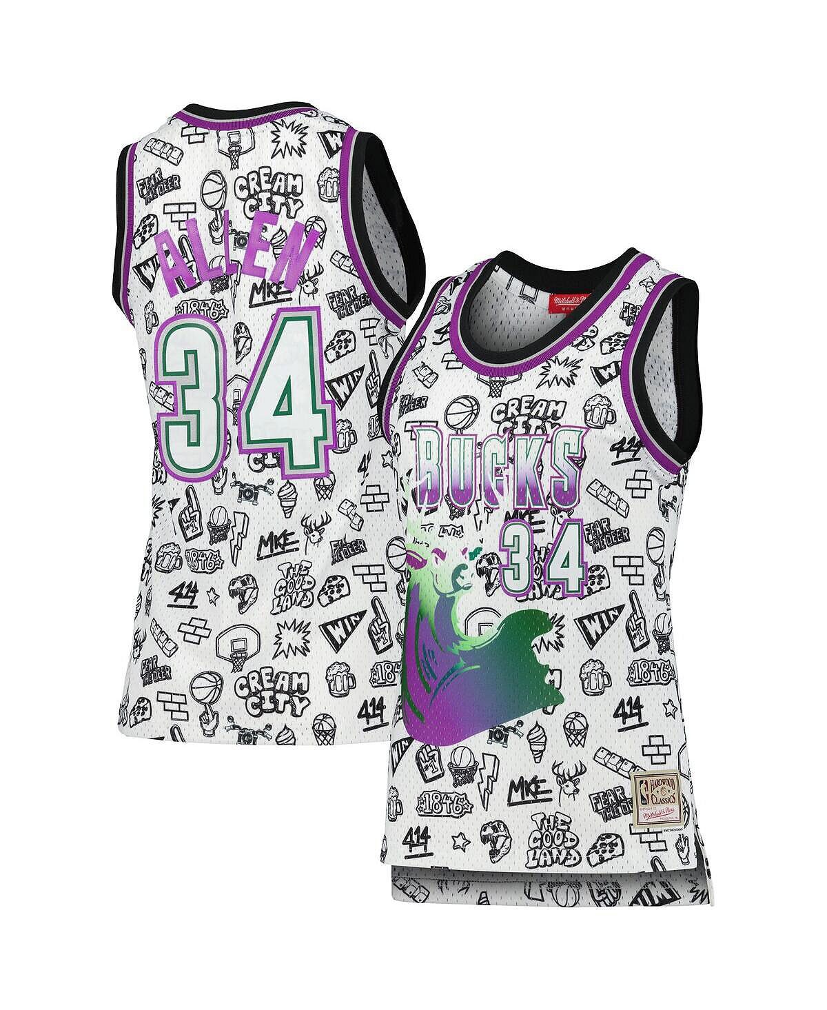 

Женская майка Ray Allen White Milwaukee Bucks 1996 Doodle Swingman Mitchell & Ness, белый