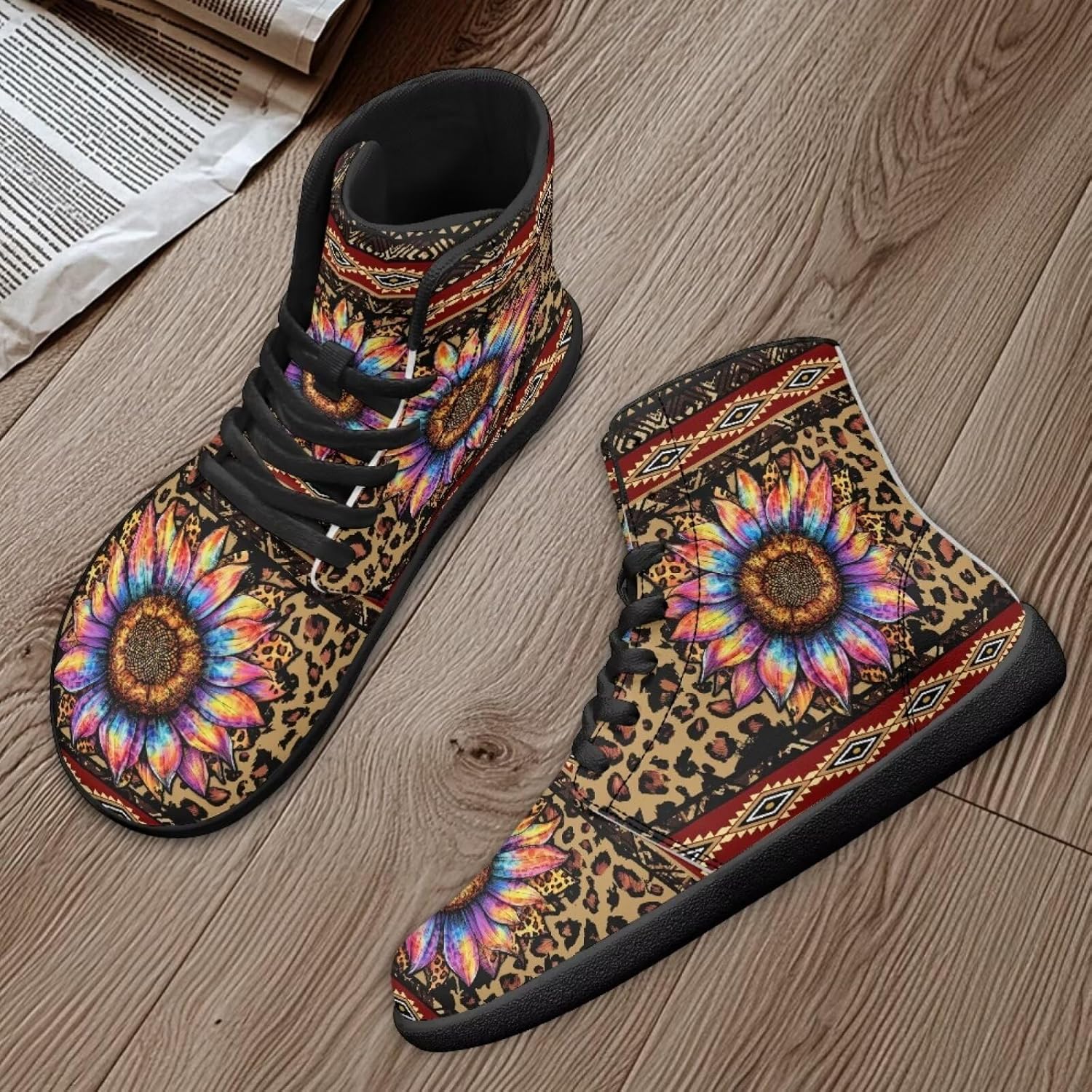 Кроссовки Binienty High Top Barefoot для женщин и мужчин, модные с нулевым перепадом, водонепроницаемые походные ботинки из ПУ-кожи, Aztec Leopard Gradient Sunflower — фото 2