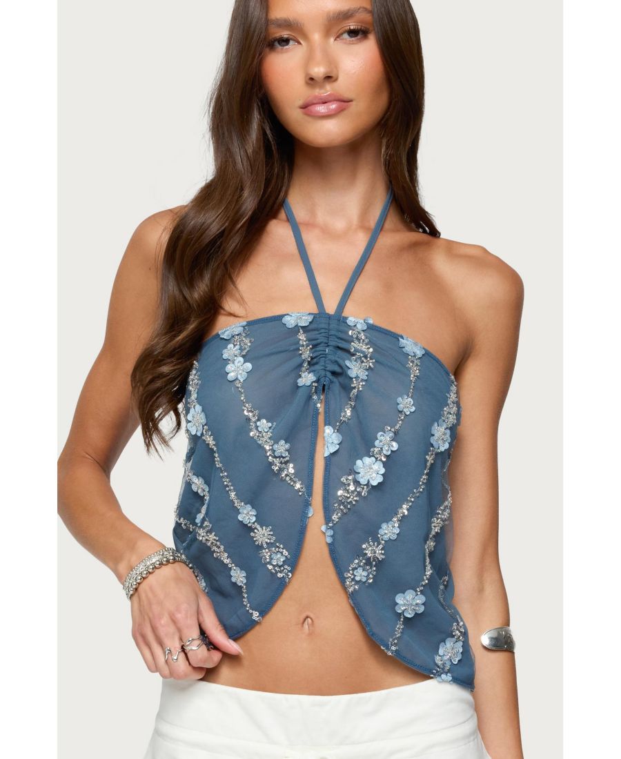 

Женский топ с цветочным принтом и бисером, разрезом спереди и завязками на шее Edikted, Dark-blue