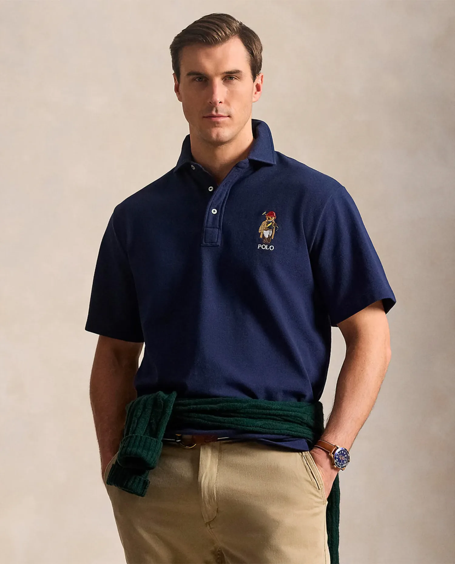 Мужская хлопковая футболка поло с медвежонком Polo больших размеров Polo Ralph Lauren, темно-синий