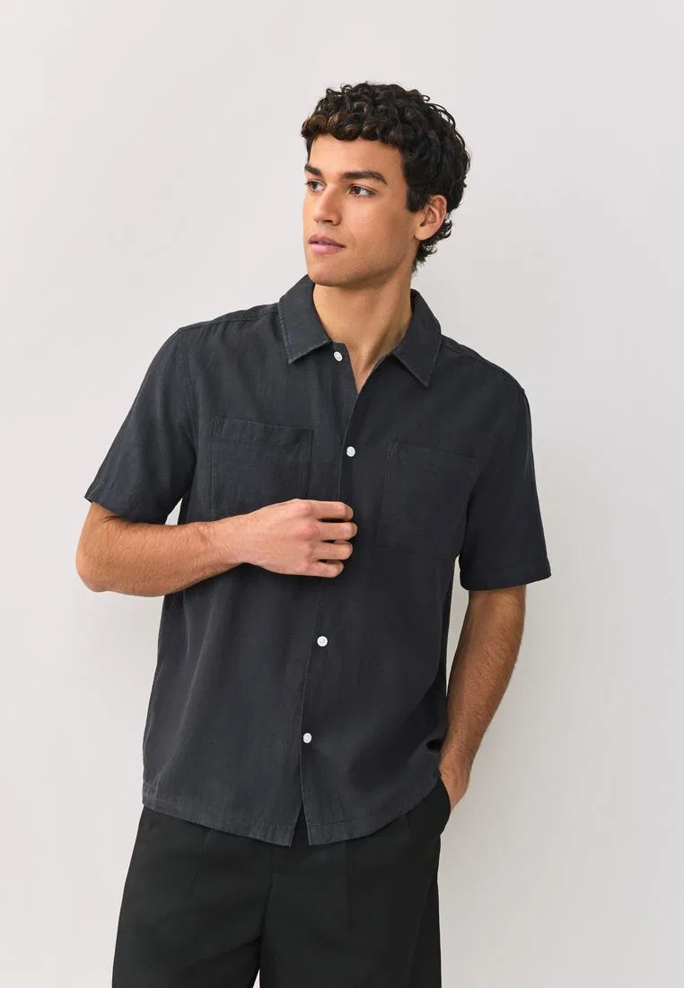 Рубашка с коротким рукавом, лен и тенсел, Linen Tencel Blend Next, черный — фото 3